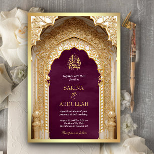 Royal Islamic Arch Plum Gold Muslim Wedding Invitation