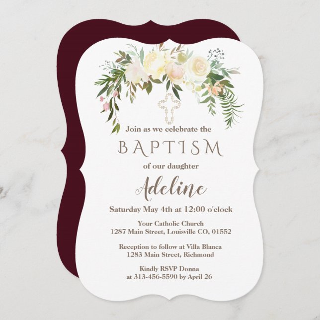Royal Ivory Floral Burgundy Baptism Invite (Front/Back)