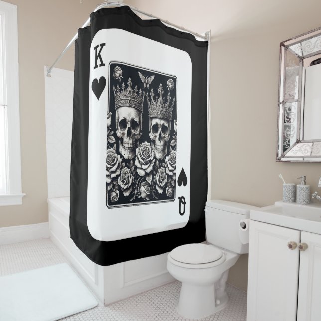 Royal King & Queen of Hearts Skulls & Roses Shower Curtain (In Situ)