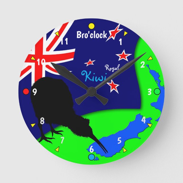 "Royal Kiwi" Bird & New Zealand Map - Bro Round Clock (Front)