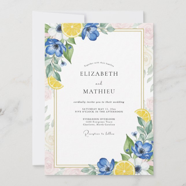 Royal Lemon Citrus Eucalyptus Wedding Invitation (Front)