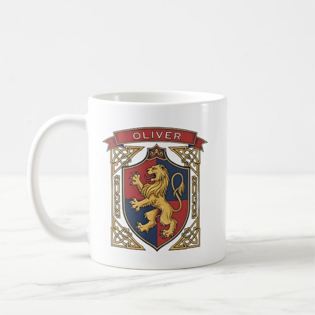 Royal Lion Rampant Coat of Arms Celtic Knotwork Coffee Mug (Left)