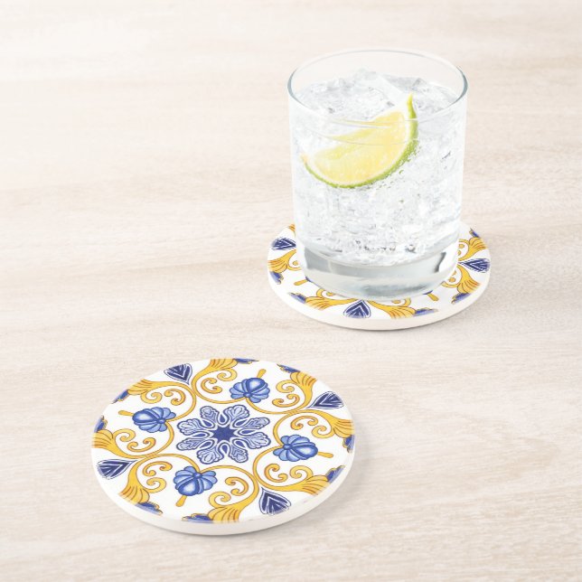 Royal Lisbon Scrollwork  Elegant Portuguese Blue  Coaster (Side)