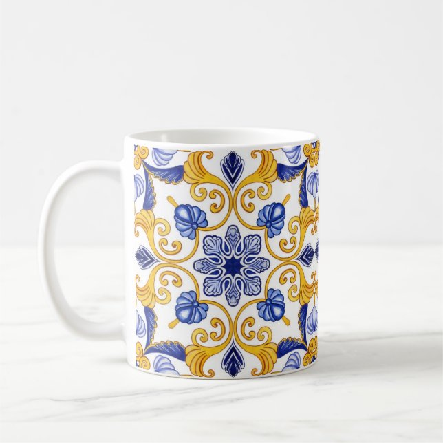 Royal Lisbon Scrollwork  Elegant Portuguese Blue  Coffee Mug (Left)
