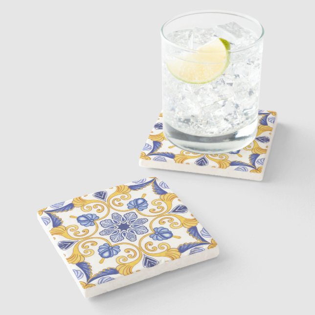 Royal Lisbon Scrollwork  Elegant Portuguese Blue  Stone Coaster (Side)