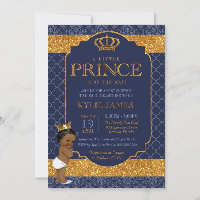 Royal Little Prince Navy Blue Gold Baby Shower Invitation (Front)