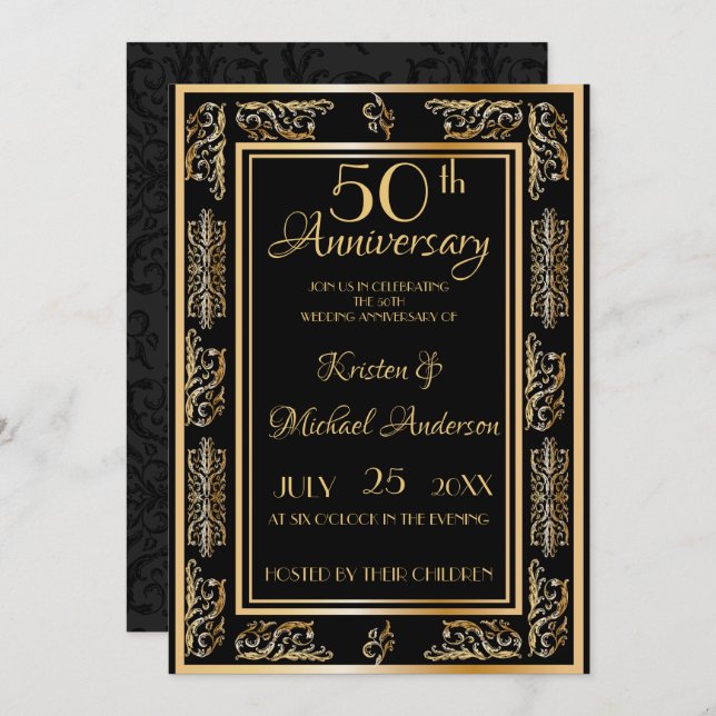 Royal Luxe Classic black gold 50th Anniversary Invitation (Front/Back)