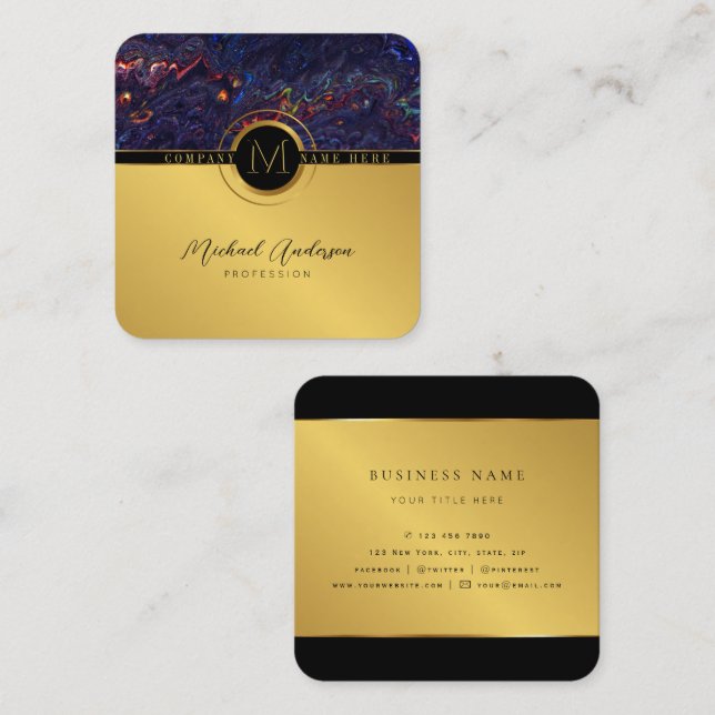 Royal Luxury Gold Round Abstract & Agate Monogram  Square Business Card (Front/Back)