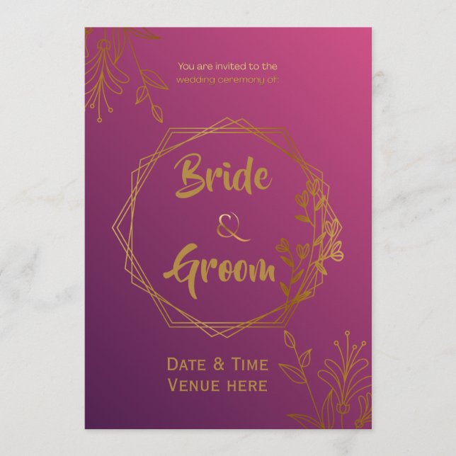 Royal Magenta & Gold Wedding Invitation  (Front)