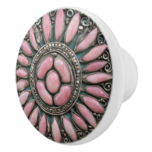 Royal Mandala in Polished Pink and Turquoise Jewel Ceramic Knob