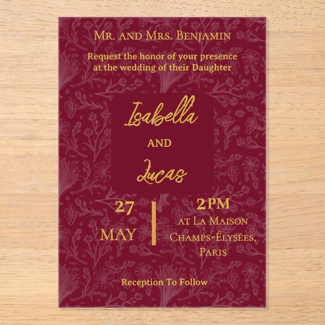Royal Maroon ACRYLIC Customisable Invitation (Front)
