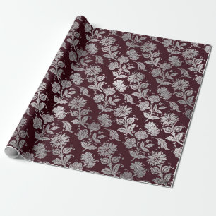 Royal Maroon Burgundy Floral Silver Roses Shiny Wrapping Paper