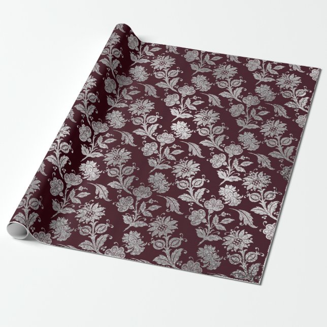 Royal Maroon Burgundy Floral Silver Roses Shiny Wrapping Paper (Unrolled)