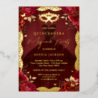 Royal Masquerade Party Red Gold Gown Quinceanera