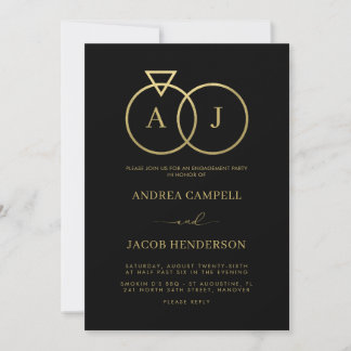 Royal Monogram Black and Gold Engagement Party Invitation