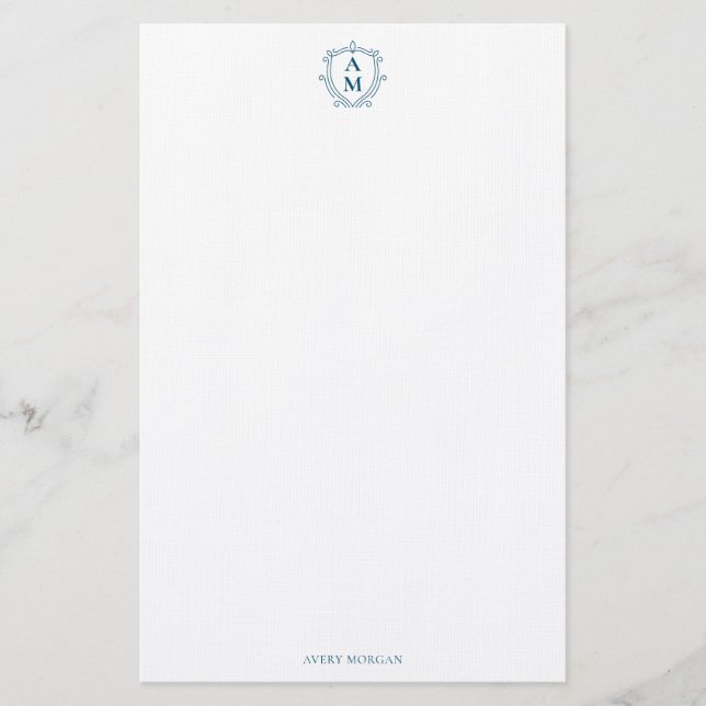 Royal Monogram Crest Navy Blue Personalised Stationery (Front)