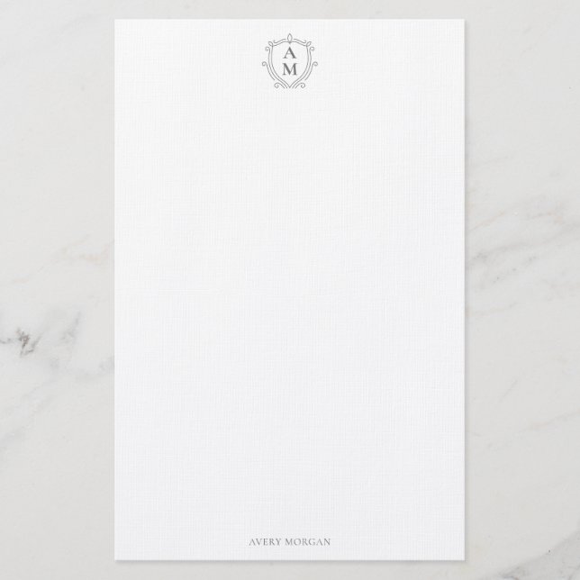 Royal Monogram Crest Smokey Grey Personalised Stationery (Front)