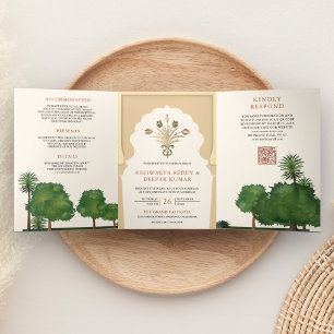 Royal Mughal Theme Garden Indian Style Wedding Tri-Fold Invitation