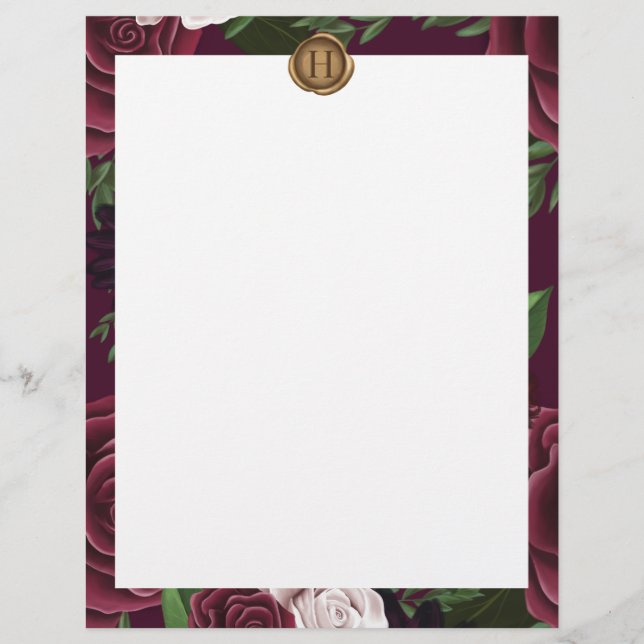 Royal Muse Mediaeval Fantasy Plum Floral Wedding Custom Letterhead (Front)