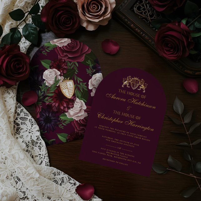 Royal Muse Mediaeval Fantasy Plum Floral Wedding Invitation (Royal Muse Medieval Fantasy Plum Floral Wedding Invitation)