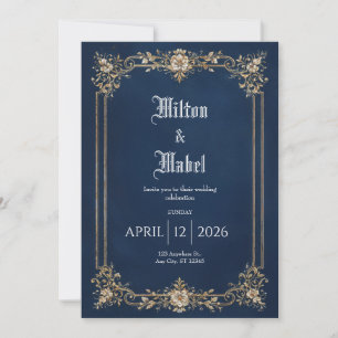 Royal Navy and Gold Floral Wedding Invitation