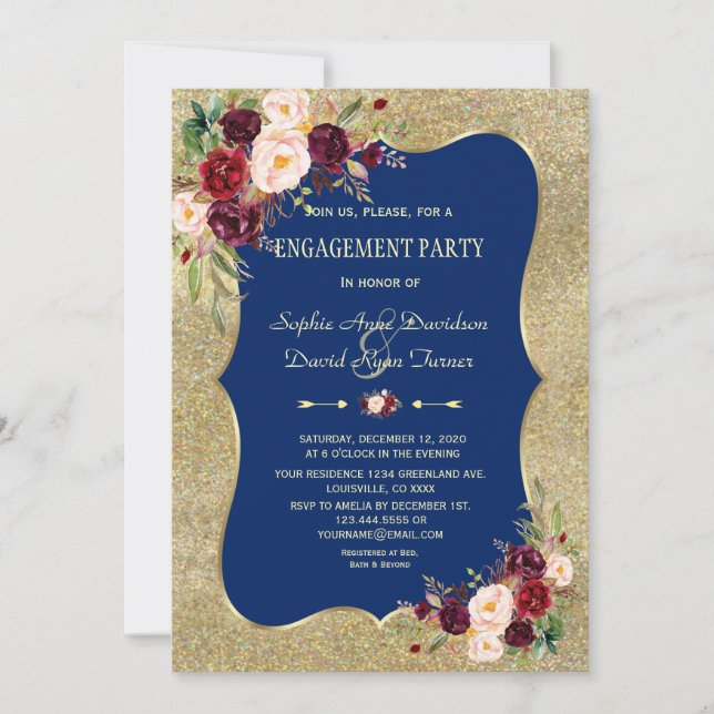 Royal Navy Blue Blush Floral Gold Engagement Invitation (Front)