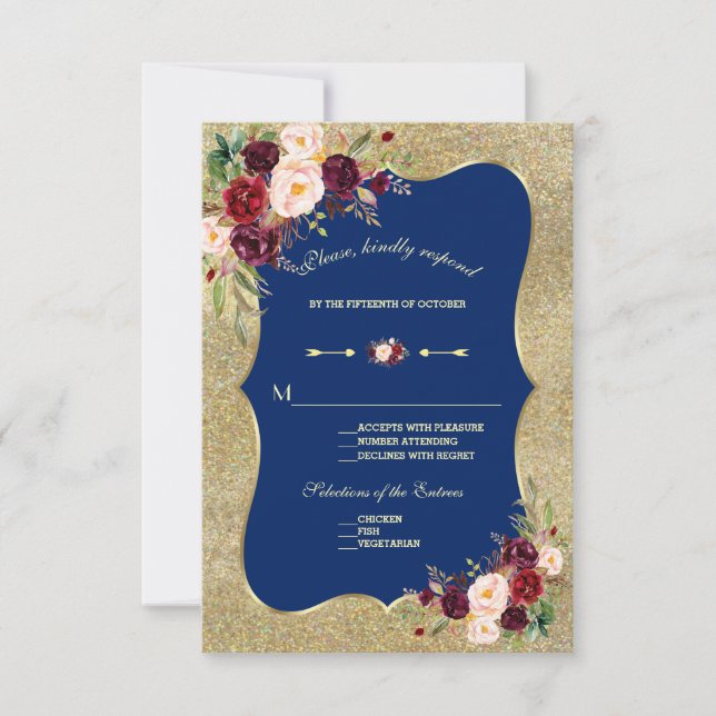 Royal Navy Blue Blush Floral Gold Wedding RSVP Card (Front)