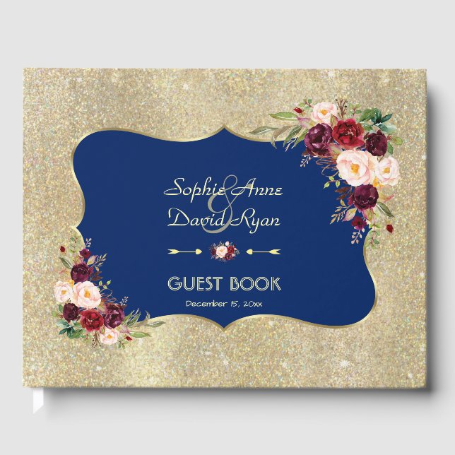 Royal Navy Blue Blush Floral Gold Wedding RSVP Guest Book (Front)