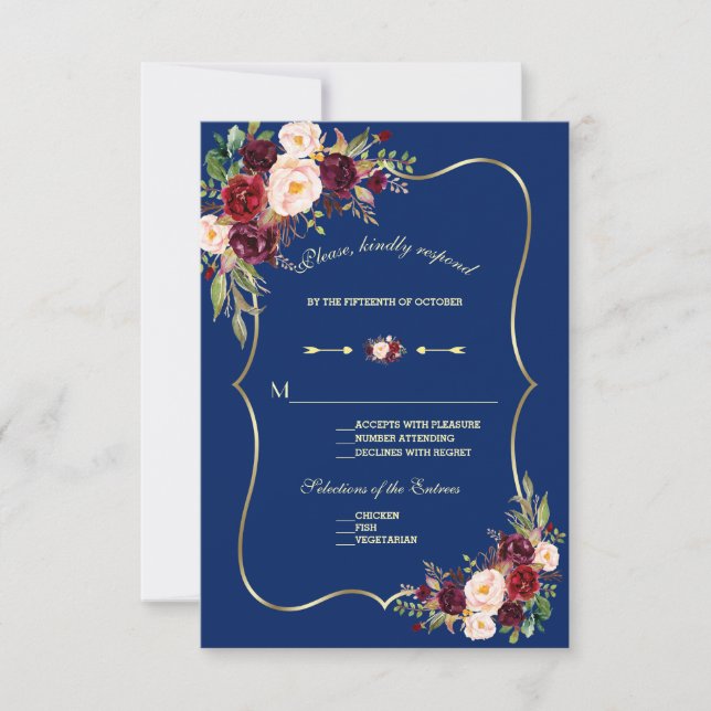 Royal Navy Blue Burgundy Floral Gold Wedding RSVP (Front)
