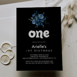 Royal Navy Blue Floral First Birthday Party Invitation