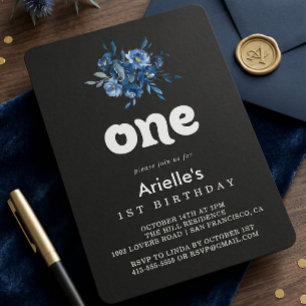 Royal Navy Blue Floral First Birthday Party Invitation