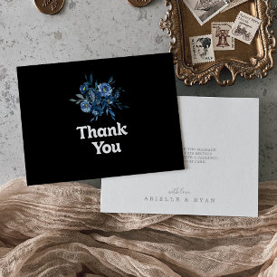 Royal Navy Blue Floral Flat Wedding Thank You Card