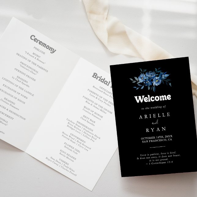 Royal Navy Blue Floral Folded Wedding Programme (Creator Uploaded)