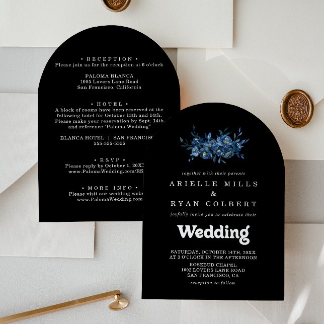 Royal Navy Blue Floral Front & Back Wedding  Invitation (Creator Uploaded)