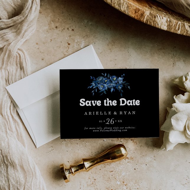Royal Navy Blue Floral Horizontal Wedding Save The Date (Creator Uploaded)