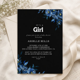 Royal Navy Blue Floral It's A Girl Baby Shower  Invitation