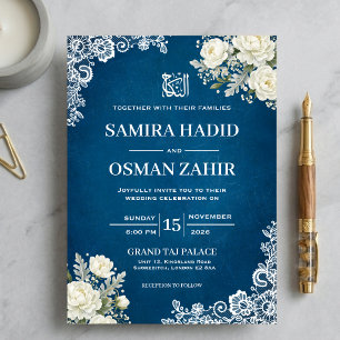 Royal Navy Blue Floral Lace Nikkah Muslim Wedding Invitation