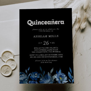 Royal Navy Blue Floral Quinceañera Invitation