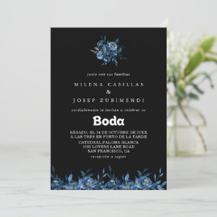 Royal Navy Blue Floral Spanish Wedding Invitation