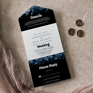 Royal Navy Blue Floral Wedding All In One Invitation