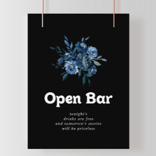 Royal Navy Blue Floral Wedding Open Bar Sign