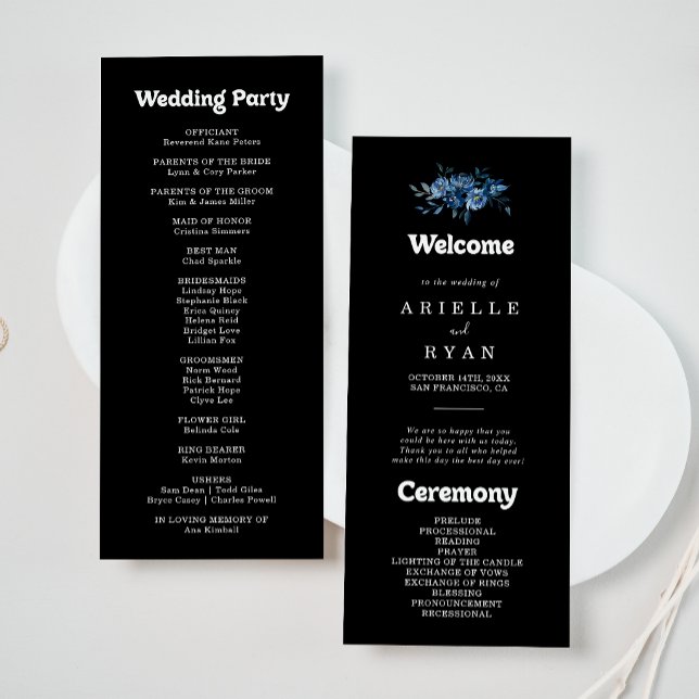 Royal Navy Blue Floral Wedding Program Programme (Creator Uploaded)