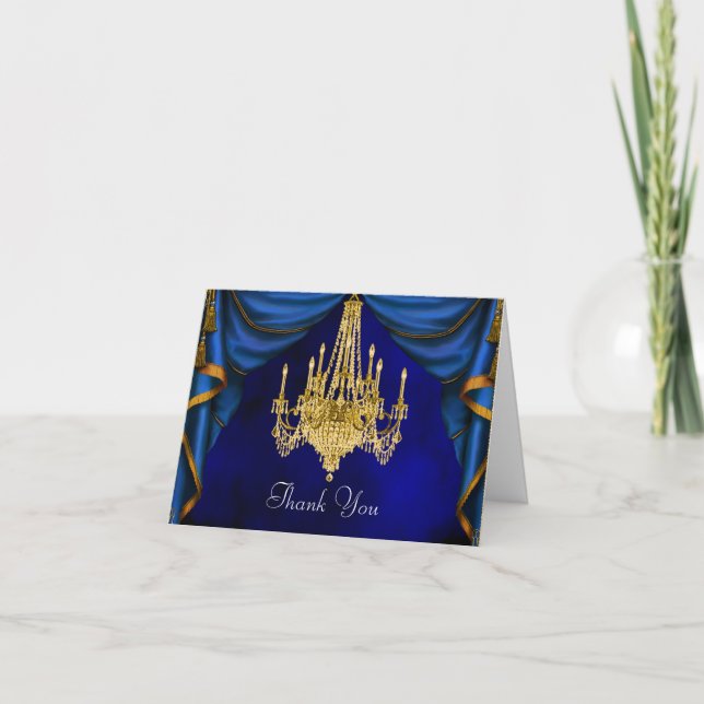 Royal Navy Blue Gold Chandelier Thank You Cards (Front)