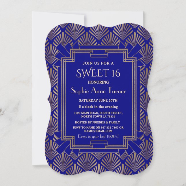 Royal Navy Blue Gold Great Gatsby Art Dec SWEET 16 Invitation (Front)