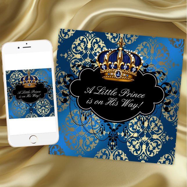 Royal Navy Blue Gold Prince Baby Boy Shower Invitation (Blue gold prince baby shower invitation. Add your text to front and back. Download and printed.)