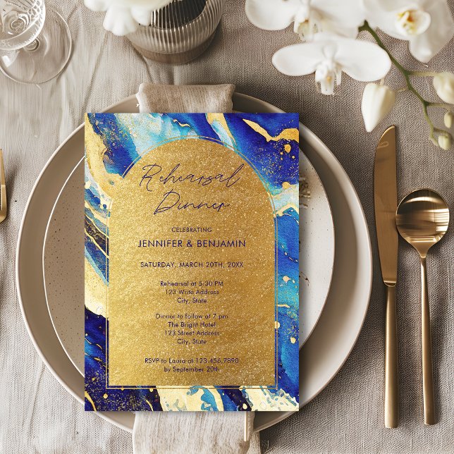Royal Navy Blue Gold Wedding Rehearsal Dinner Invitation (Creator Uploaded)
