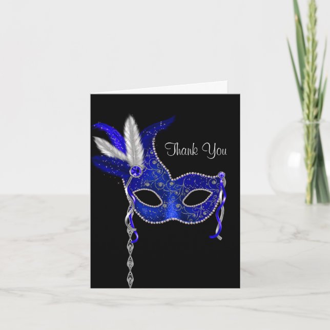 Royal Navy Blue Masquerade Party Thank You Cards (Front)
