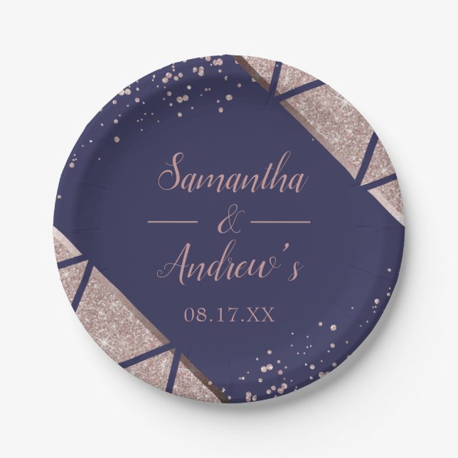 Royal Navy Blue Rose Gold Confetti Glitter Wedding Paper Plate (Front)