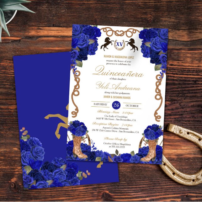 Royal Navy Blue Rose Western Charro Quinceañera Invitation (Creator Uploaded)