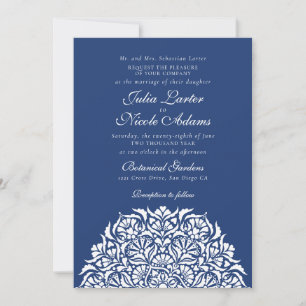Royal Navy Blue Whimsical Floral Mandala Wedding Invitation